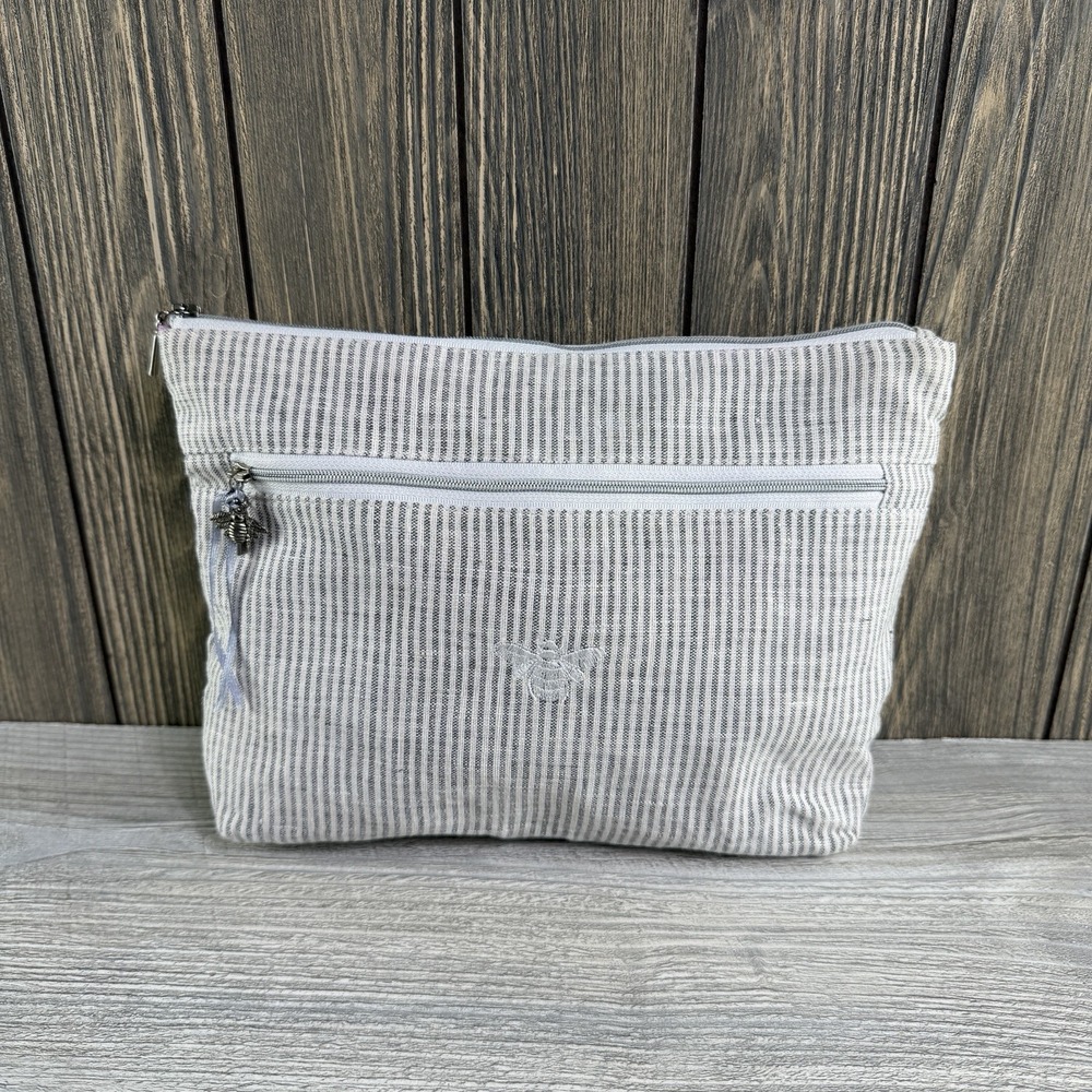 Crown Linen Designs 100% Linen Cosmetic Makeup Bag Bee Charm Gray Stripe Pouch